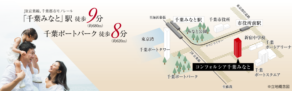 JR京葉線、千葉都市モノレール「千葉みなと」駅徒歩9分(約680m)、千葉ポートパーク徒歩8分(約620m)
